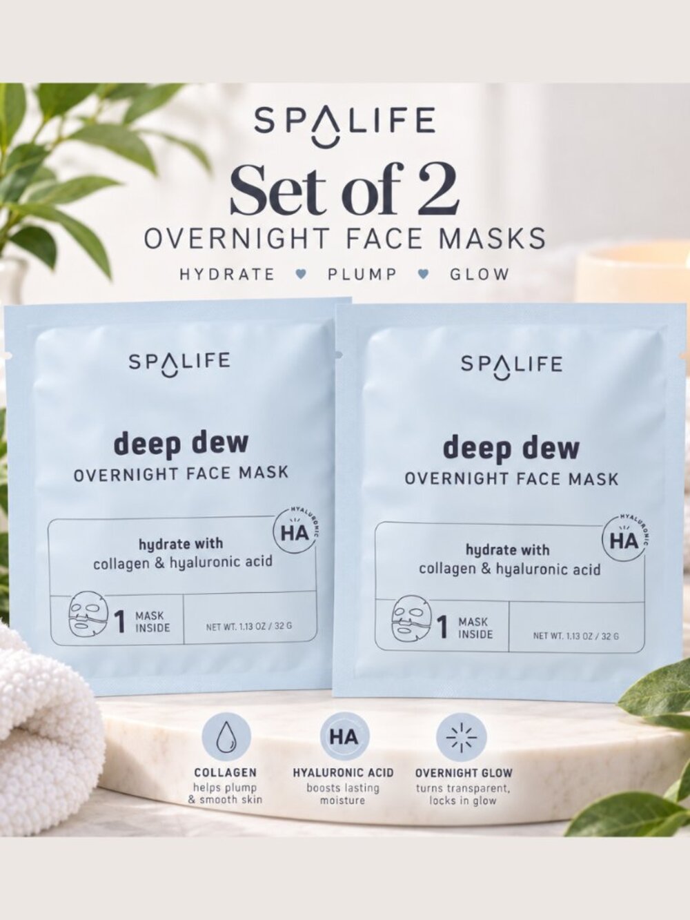 SpaLife Deep Dew Overnight Face Masks Set of 2 Collagen Hyaluronic Acid